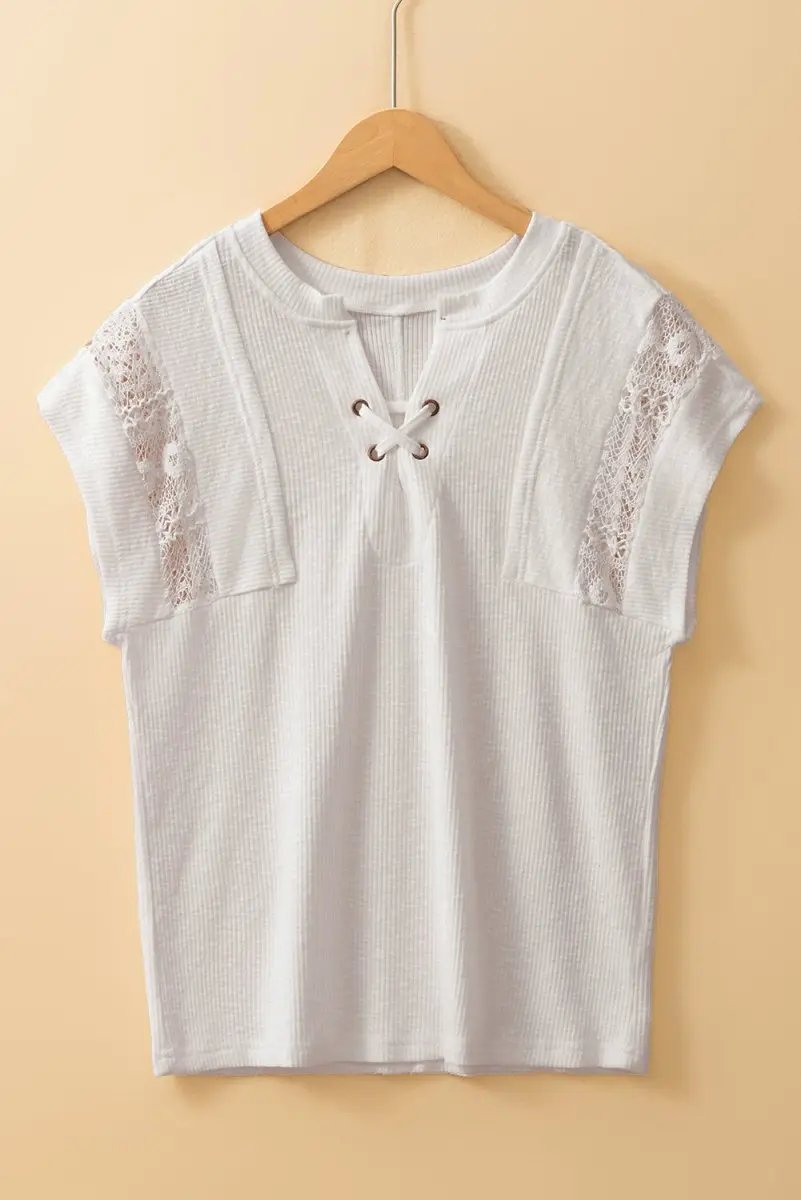 White Ribbed Texture Lace Patchwork Short Sleeve Top for Women - Love Salve
